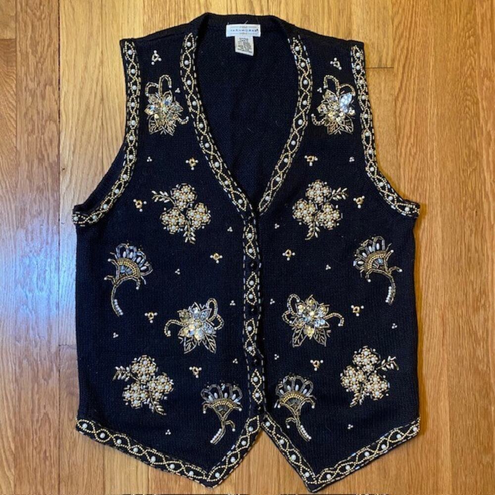 Vintage Yarnworks Women Small Beaded Embroidered Black Gold Holiday Sweater Vest